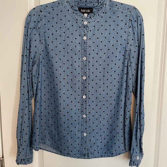 Denim color polka dot button down with ruffle details - Picture 1 of 4